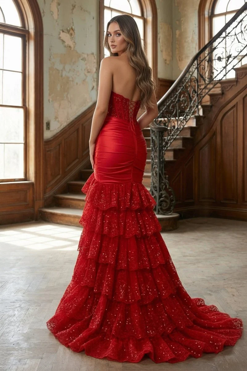 Red Strapless V-Neck Mermaid Pleated Layered Long Prom Dress With Slit
