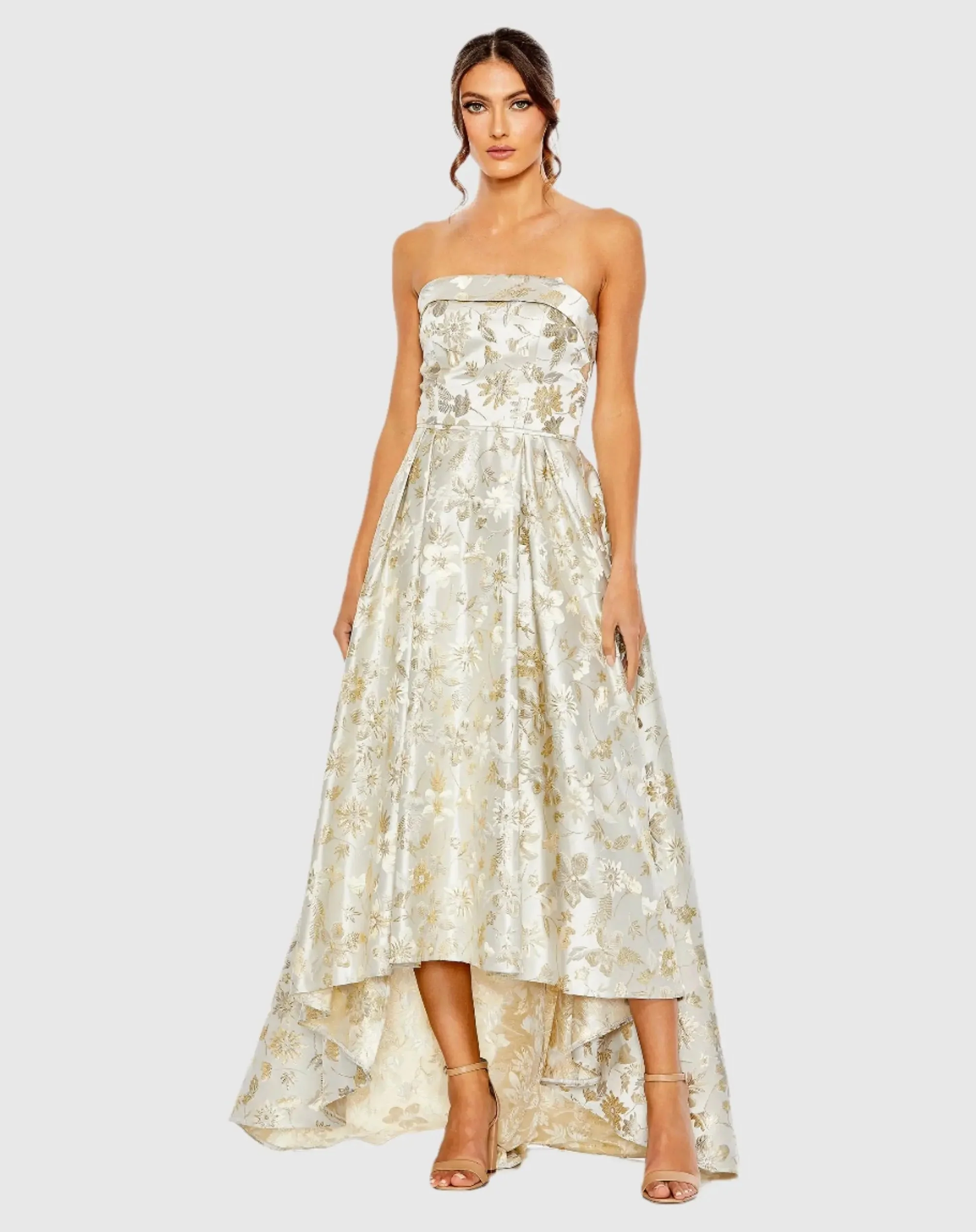 White and Gold Brocade Strapless Golden Floral High Low Gown