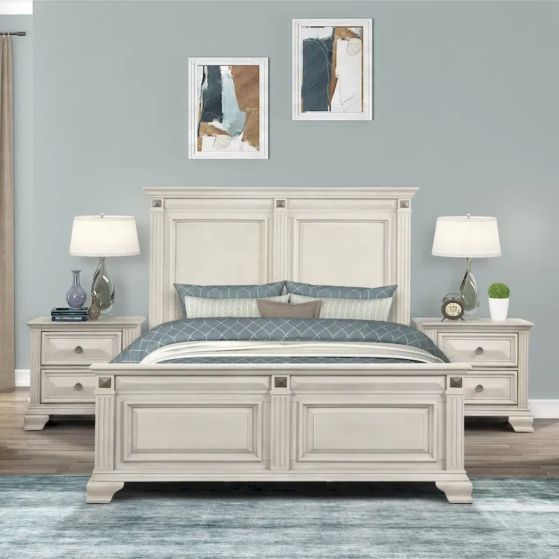 Renova 3-Piece Distressed Parchment Wood Bedroom Set, Panel Bed with 2 Nightstands