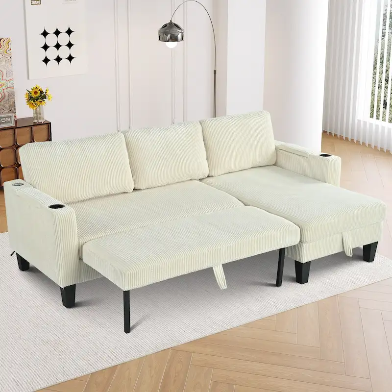 Reversible Fabric Sleeper L-Shaped Sofa with Storage Chaise, USB Ports & Cup Holders