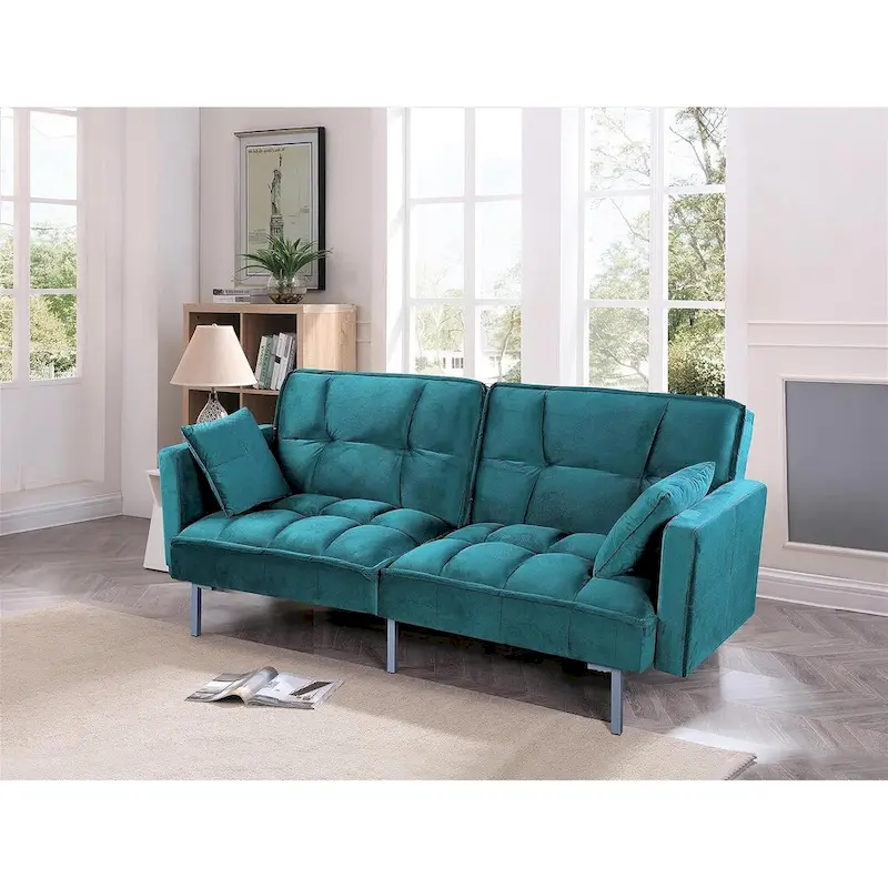 Regal Convertible Sleeper Sofa Bed Velvet Pull Out Couch with Mid-Century Style Tufted Design and Metal Legs