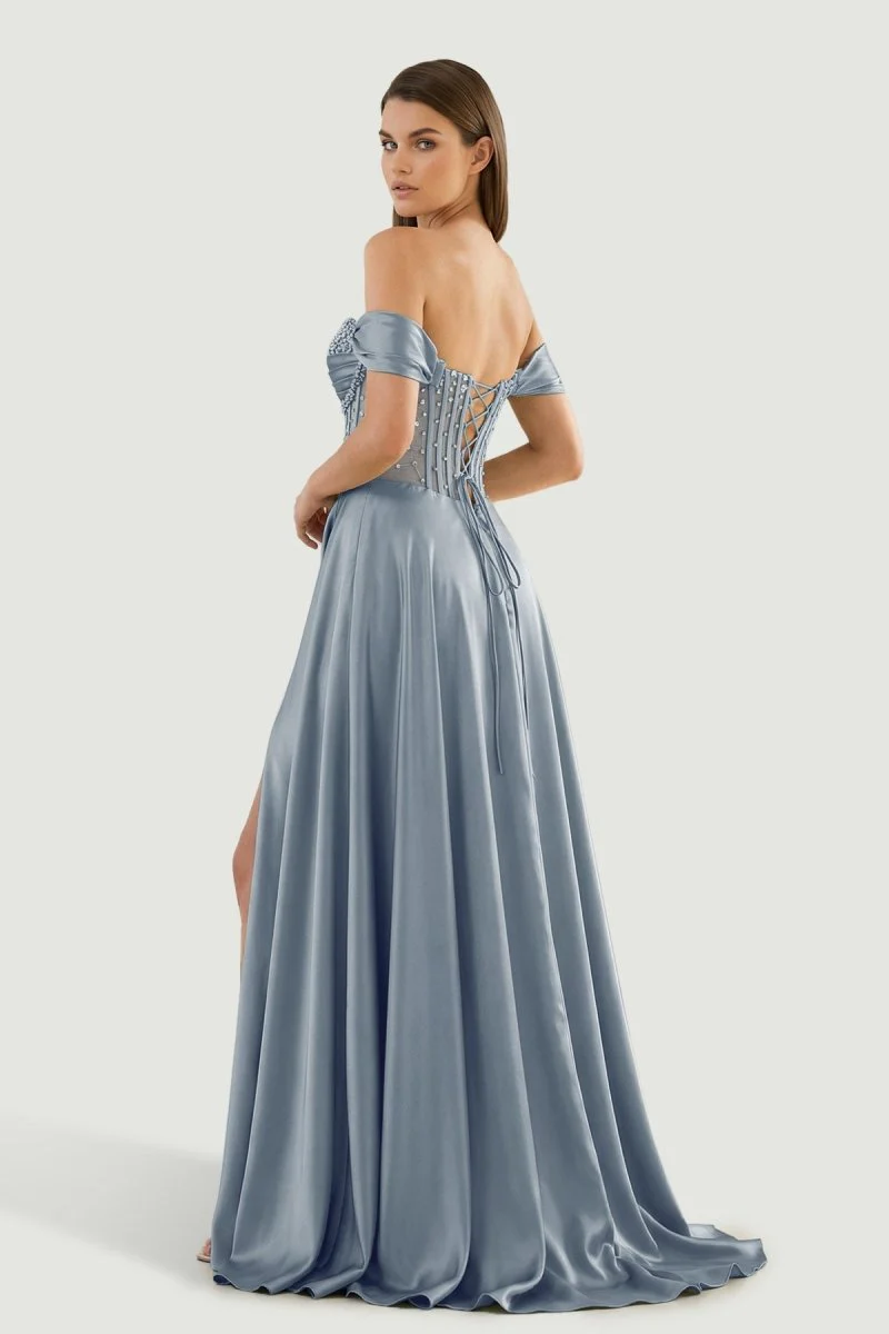 Sage Off The Shoulder A Line Satin Beaded Prom Dresses With Slit
