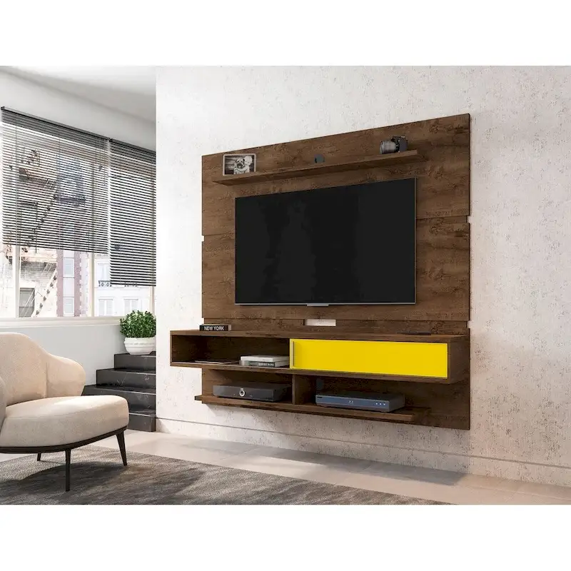 Wall-Mounted Entertainment Center with Shelves - Brown Wood