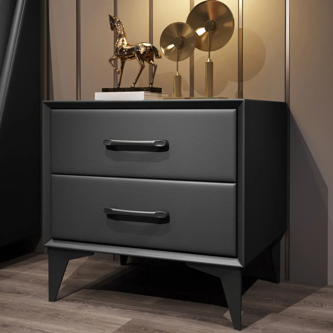Trendy Leather Wooden 2-Drawer Nightstand with Metal Legs