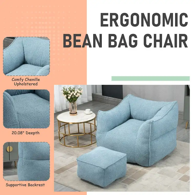 Boucle Upholstered Deep Seat Armless Square Bean Bag Chair with Ottoman