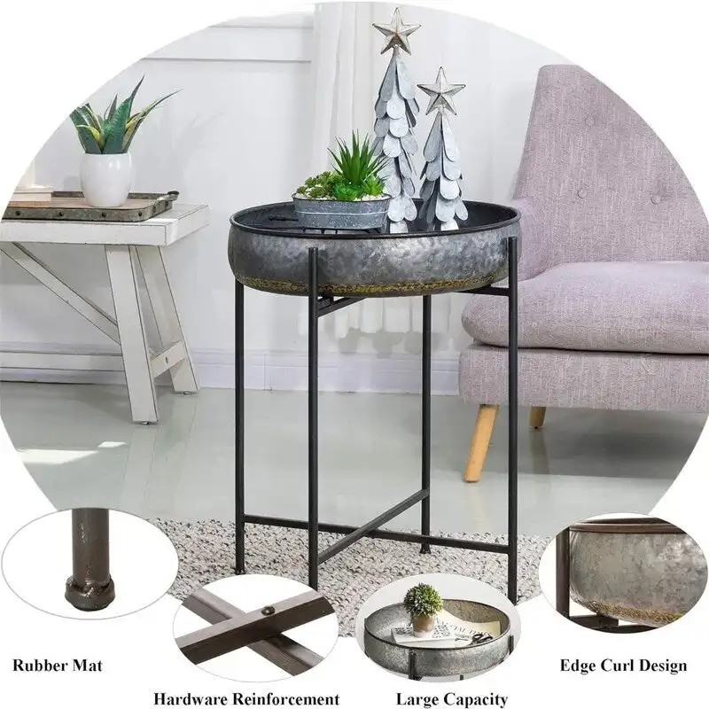 Folding Galvanized Side Table Waterproof Coffee Table - 22.44D x 22.44W x 25.79H