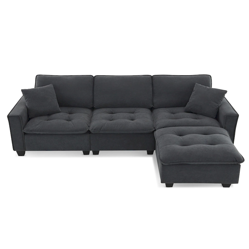 100 L-Shaped Convertible 4 Seater Sectional Sofa with Removable Ottoman and Matching Pillows, Suede Velvet Upholstery