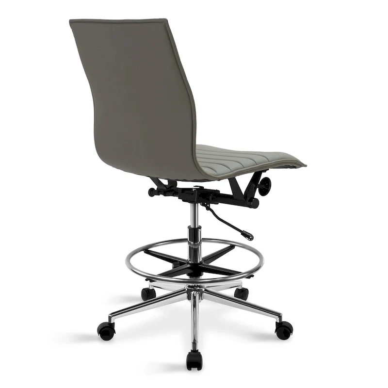 Modern Drafting Chair Upholstered PU Leather Ribbed Armless Mid Back with Tall Adjustable Base & Leg Rest
