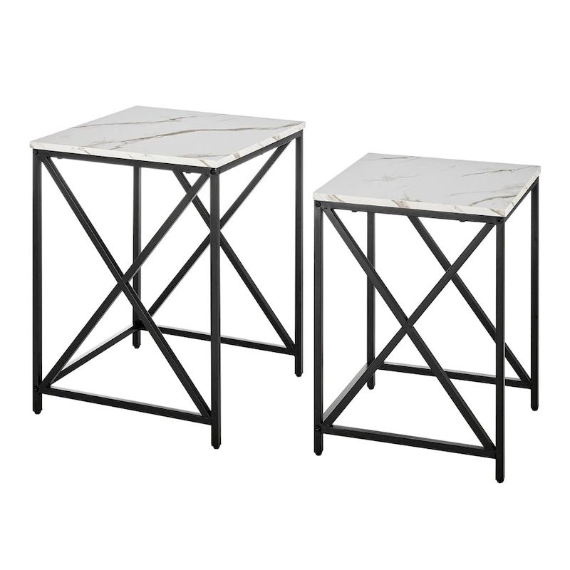 Modern Square Marble Finish Veneer Top Black Metal Frame Nesting End Tables - Set of 2