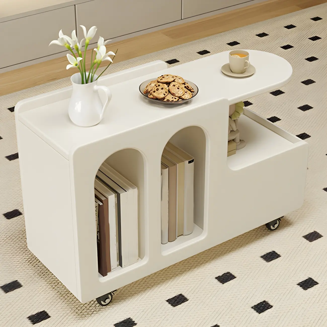 Free Form Rectangular Wood Mobile End Table White