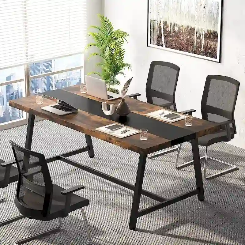 Brown/Grey/White/Natural Rectangle Conference Table, Industrial Style, Seats 6