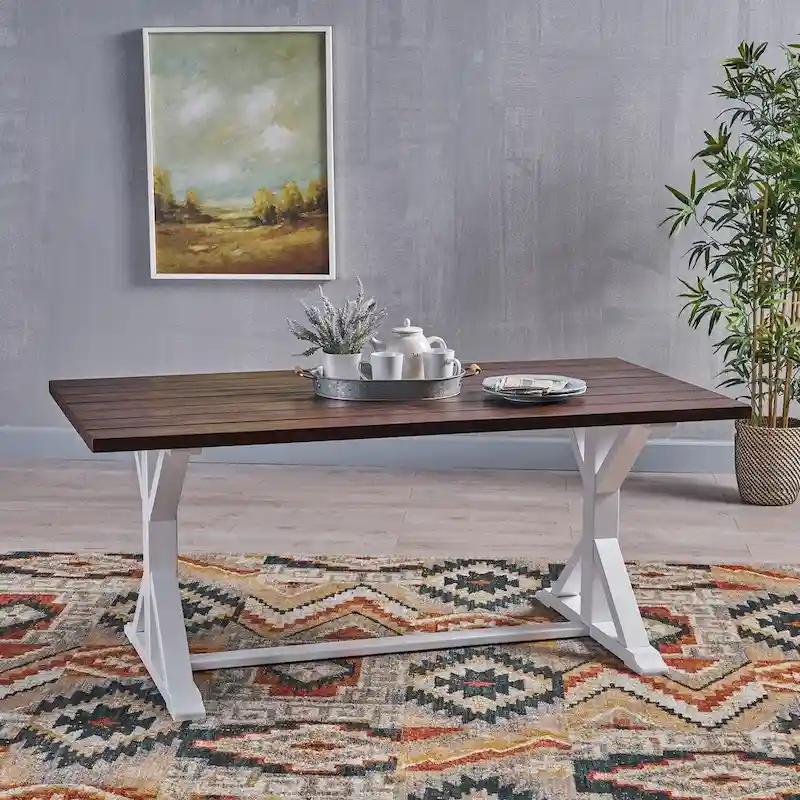 Dark Brown + White Farmhouse Dining Table – Acacia Wood, Seats 6