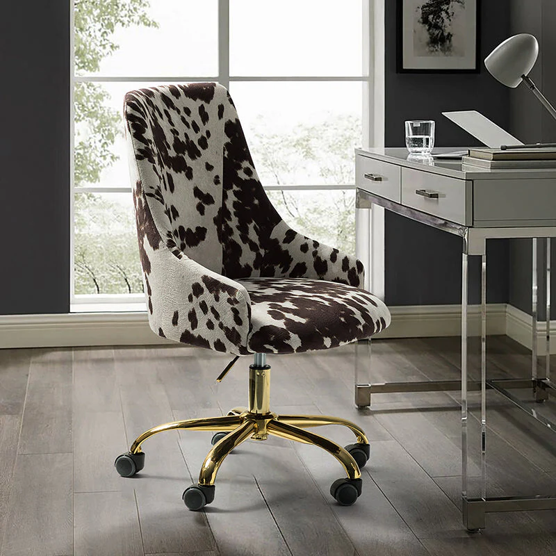 Cowhide Print Fabric Office Chair with Adjustable Height, Arms & Gold 5-Star Metal Base | Black Cowhide / Cowhide | Single Seat