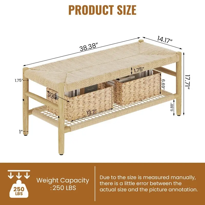 Rubber Wood Woven Rope Bench with 3 Storage Baskets – Natural, 2-Seat