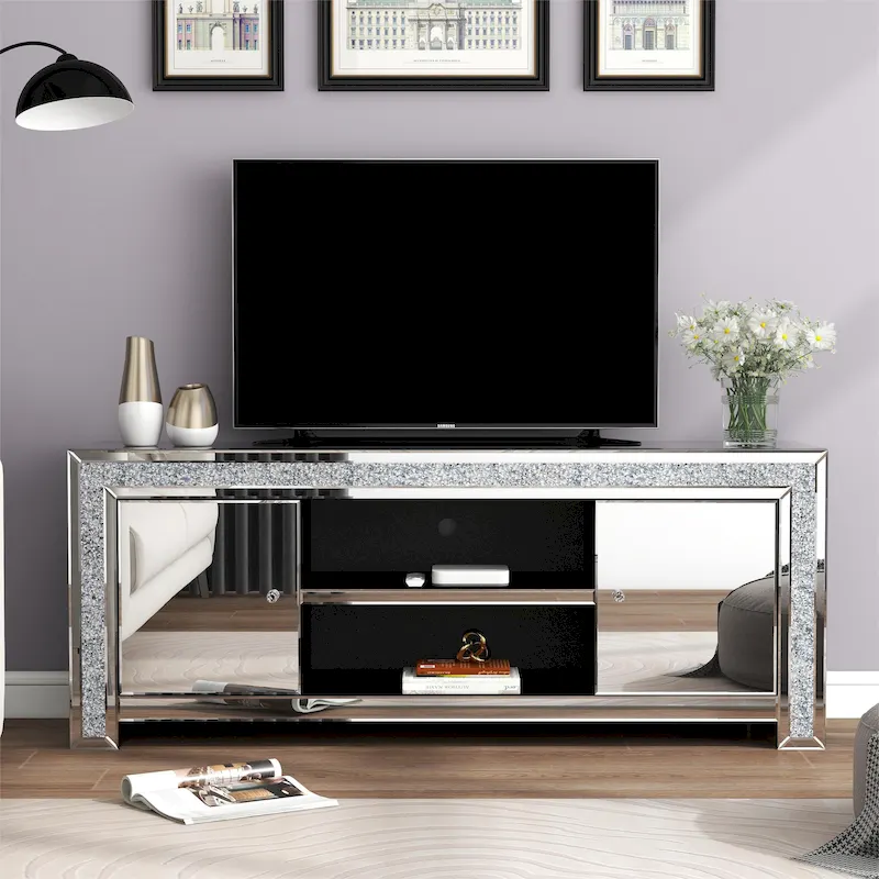 59-Inch Mirrored TV Stand with Crushed Diamond Detail