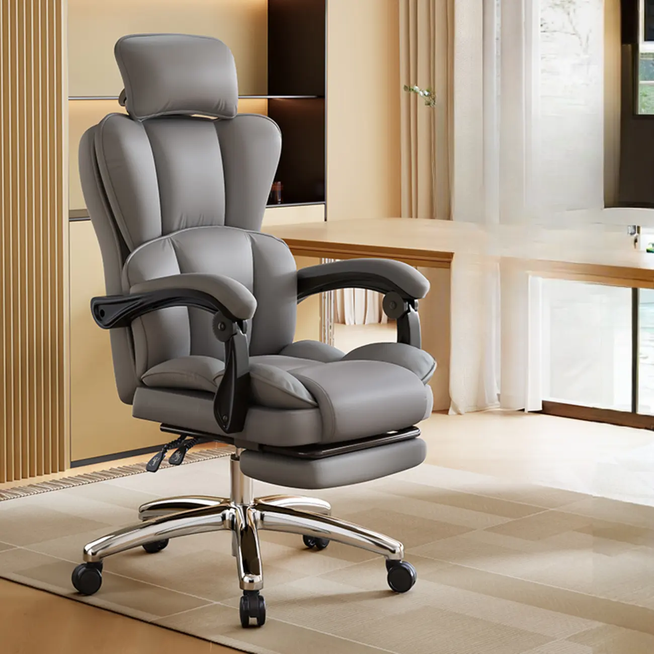 Modern Khaki Leather Adjustable Reclining Office Chair