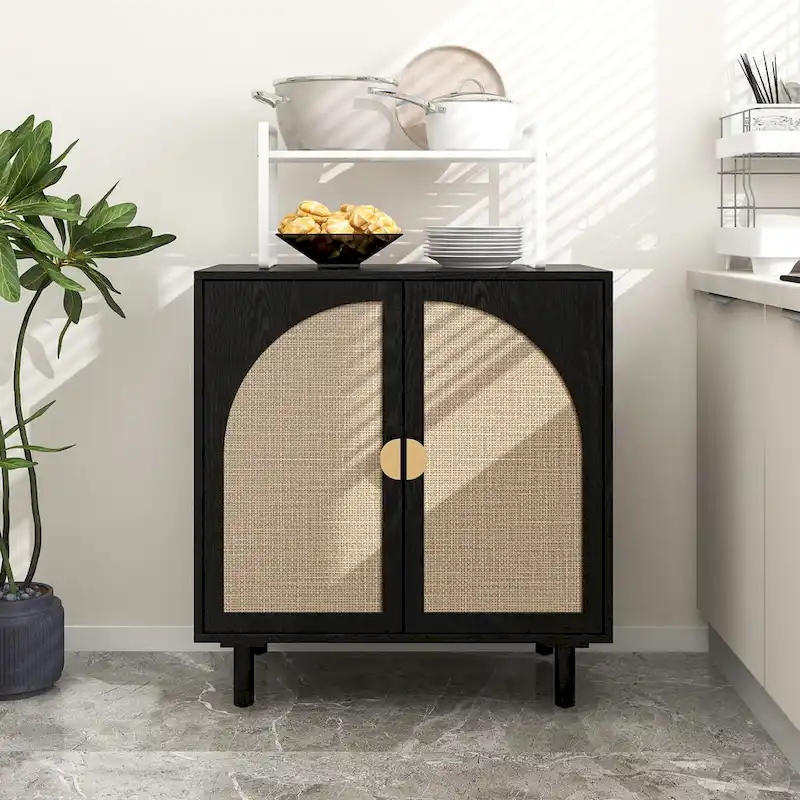 Natural/Black Rattan 2-Door Storage Cabinet with Adjustable Shelves & Pine Legs