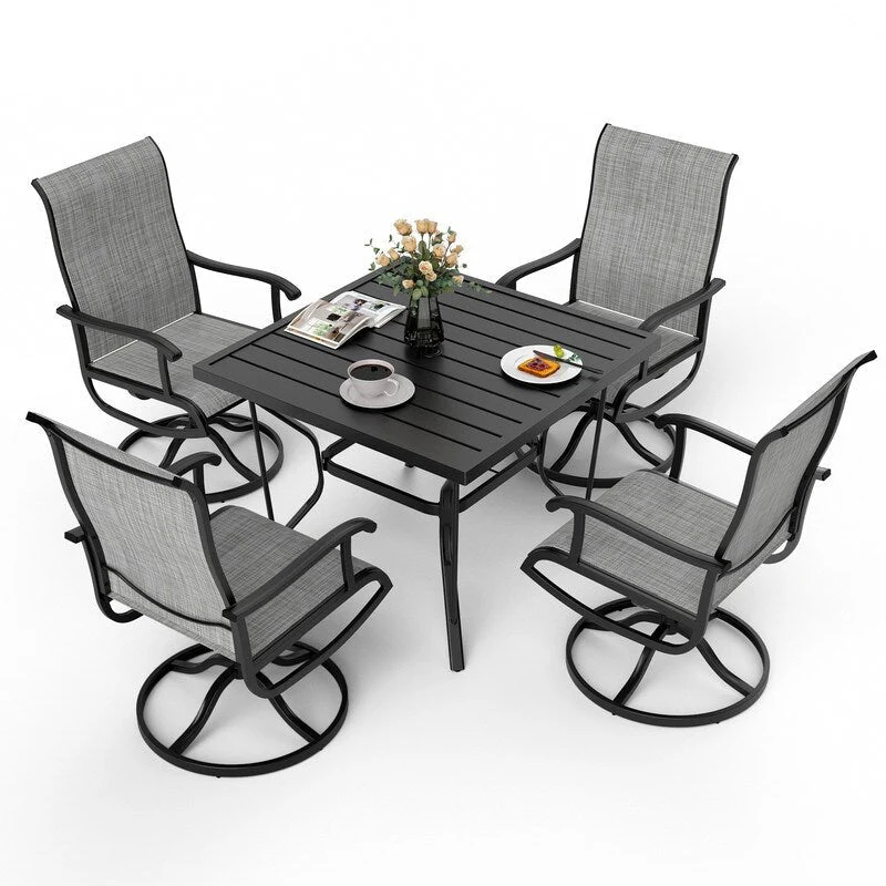 5-Piece Metal Outdoor Patio Dining Set with Square Table and Textilene Swivel Chairs