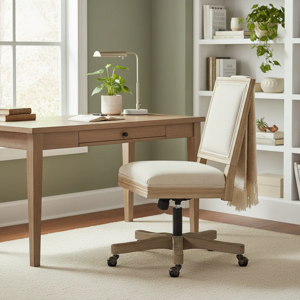 Beige Fabric Swivel Office Chair with Rolling Casters for Adults