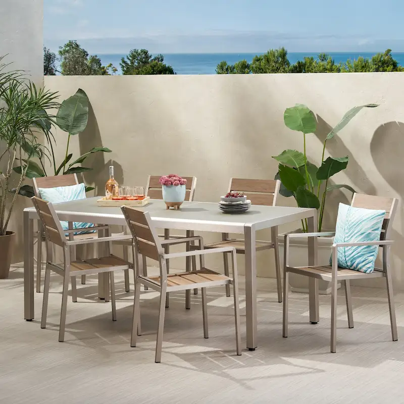 Cape Coral Outdoor Modern 6 Seater Aluminum Dining Set with Tempered Glass Table Top by Christopher Knight Home
