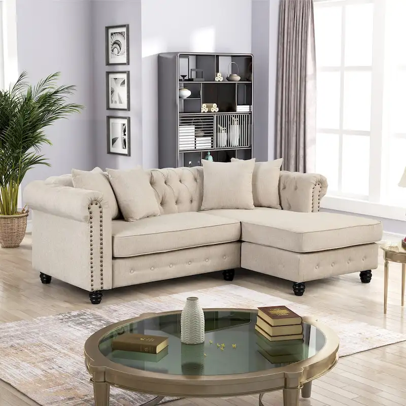 Beige / Grey Chesterfield Sofa, Linen, 3-Seater