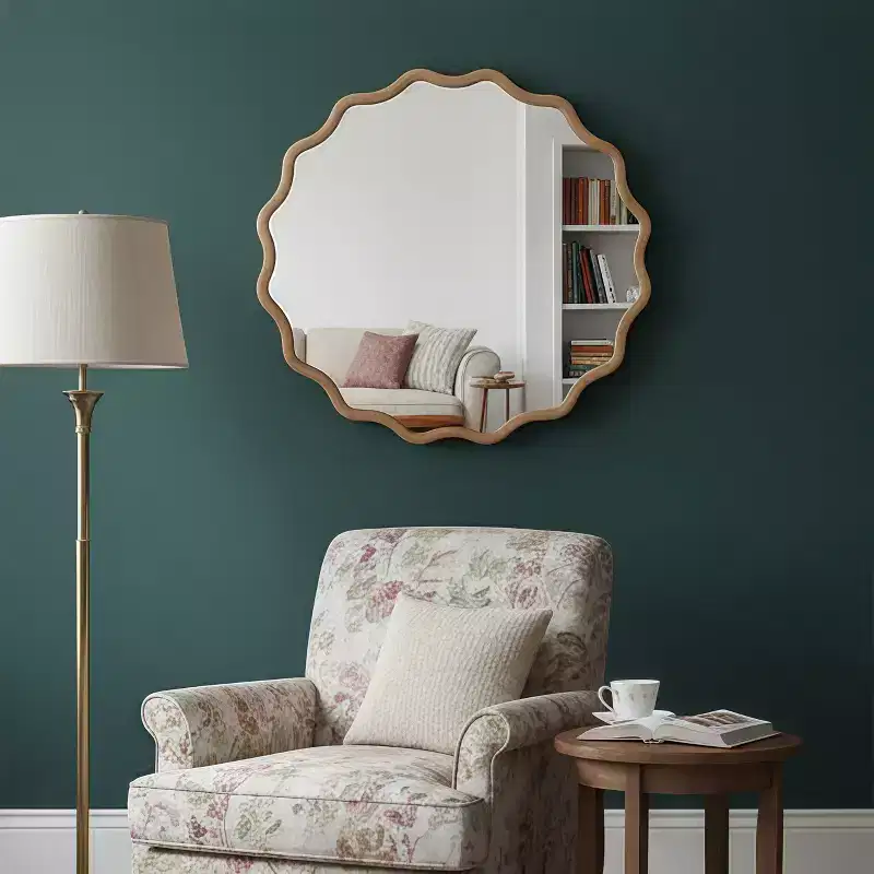 Natural Wood Color 36 inch Wavy Round Solid Wood Frame Decorative Mirror,For Bedroom, Bathroom, Living Room, Entryway