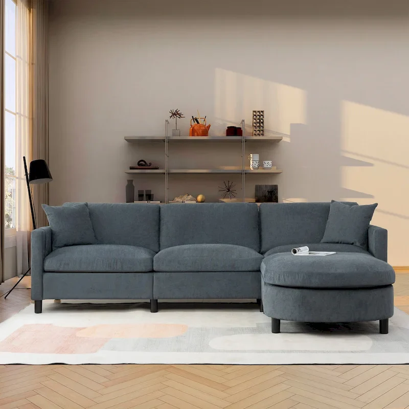 Dark Gray Fabric 4-Seater Sectional Sofa with Ottoman and Storage Armrest Bag