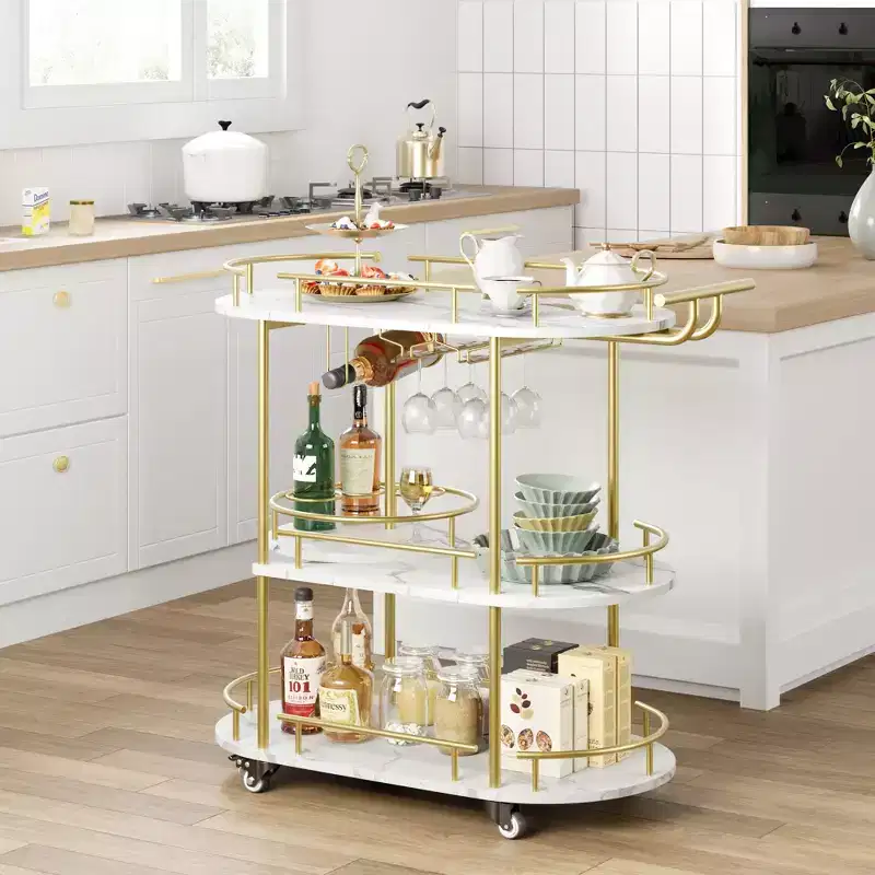 CuisinSmart 3 Tier Bar Carts, Rotated Bar Cart Gold with Wine Rack and Glass Holder, Bar Serving Cart with Wheels