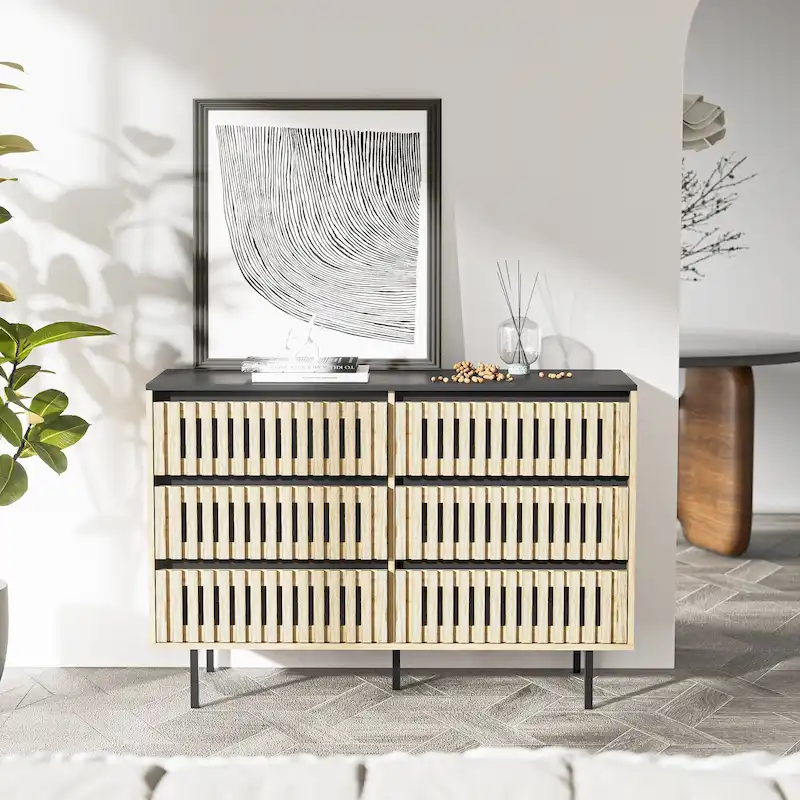 Natural MDF & Metal Frame 6-Drawer Storage Cabinet with Vertical Stripe Design & Black Accents