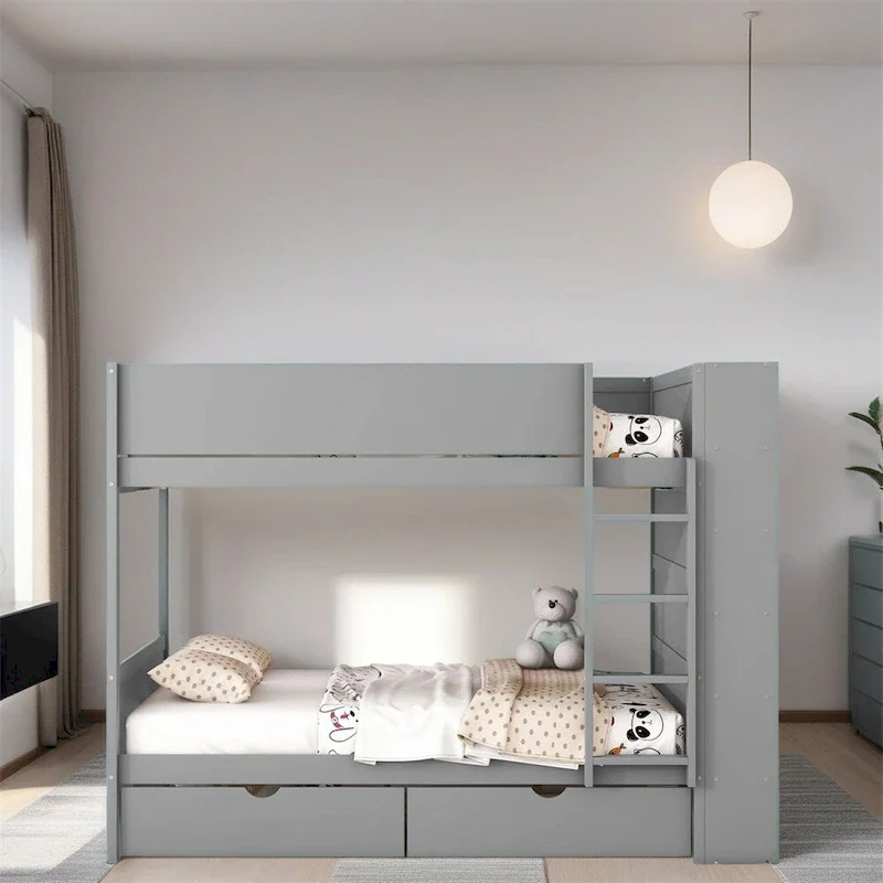 Gray / White Full Over Full Wood Bunk Bed with Drawers & Cabinet, Sleeps 2