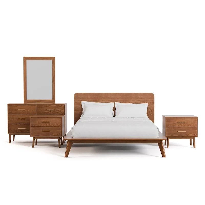 Furniture of America Beau Midcentury 5-Piece Walnut Low Profile Queen Bedroom Set