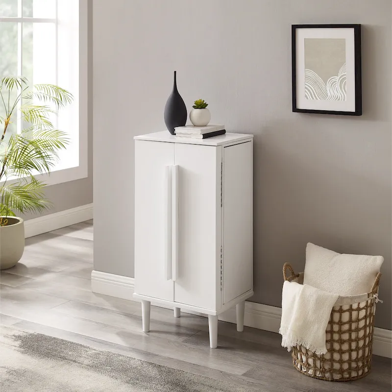 White Wood Jewelry Armoire with Mirror – Tapered Legs, Single