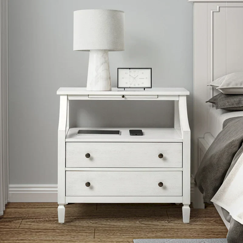 2-Drawer Nightstand with Built-In Charging Station and Pull-Out Tray