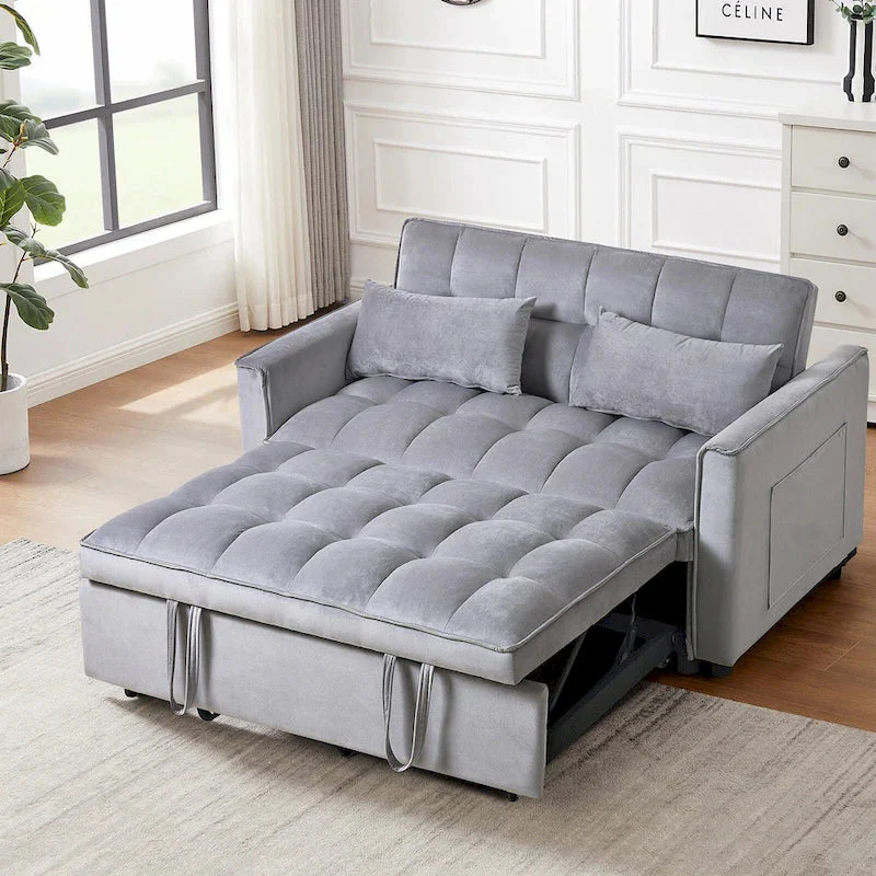 Modern Velvet Loveseat Futon Sofa Couch Pullout Bed, Small Love Seat Lounge Sofa w/Reclining Backrest, Toss Pillows, Pockets