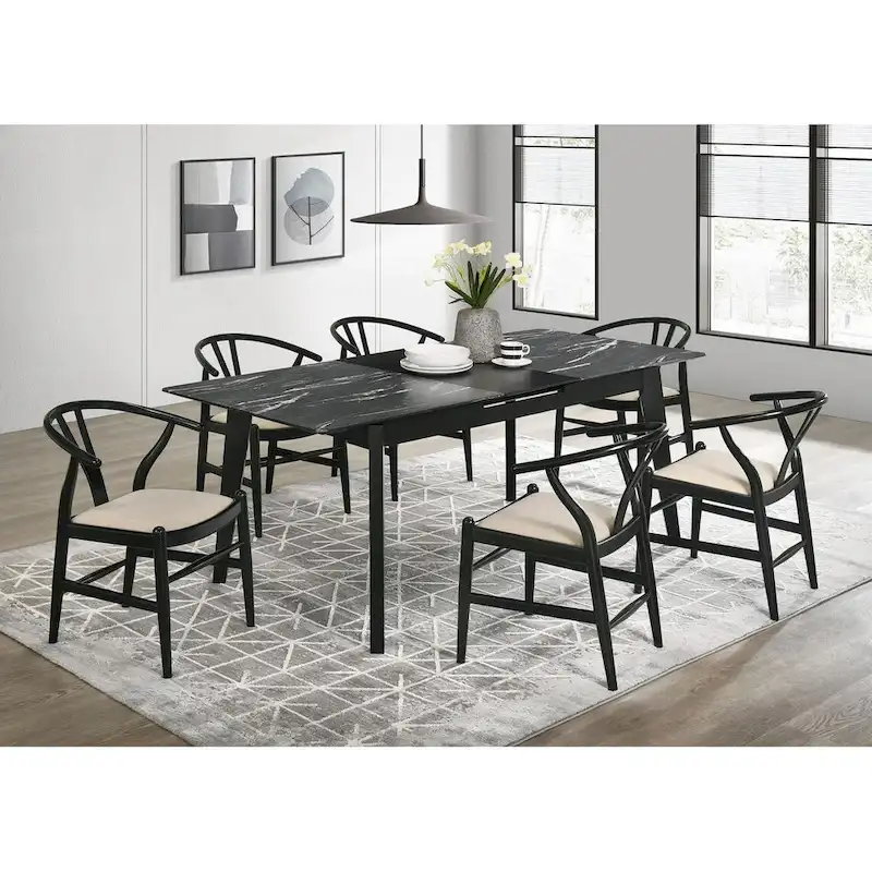 Rectangular Dining Table with Extension Leaf and Faux Marble Finish Top