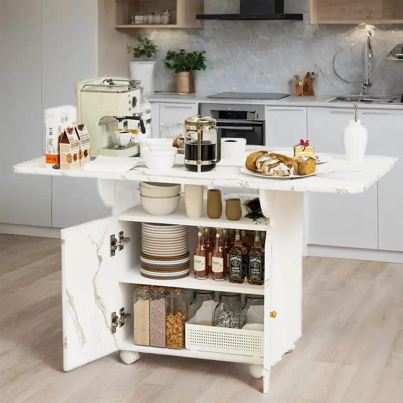 White Marble-Top Rolling Folding Kitchen Island with Storage, Seats 4–6