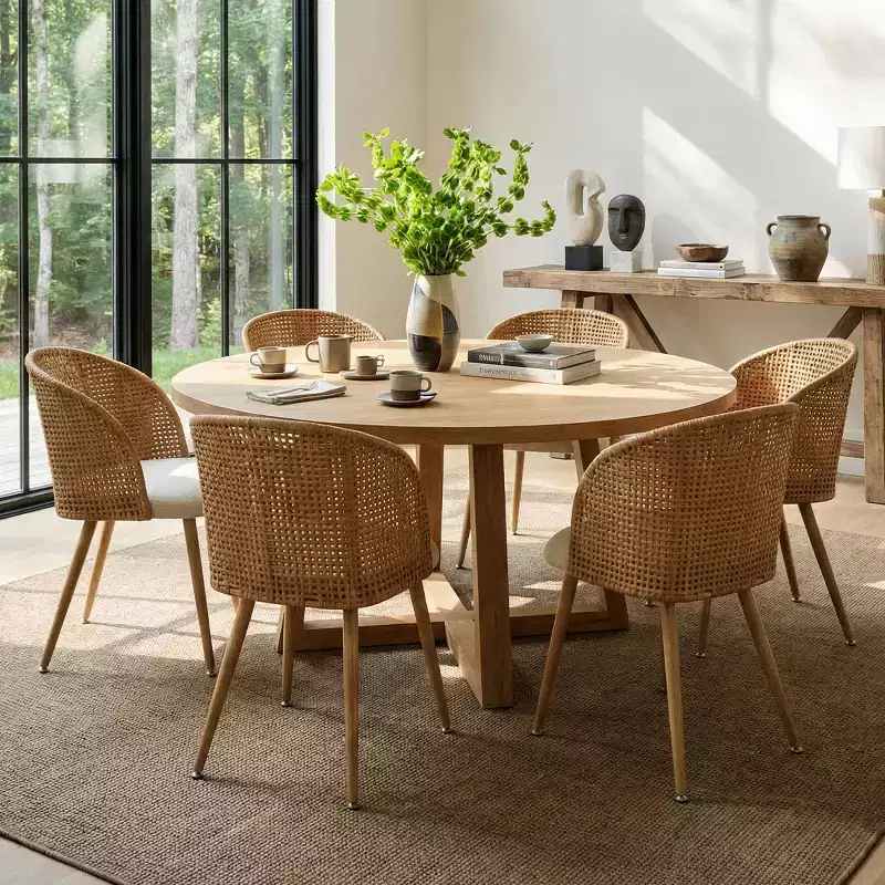Upholstered Rattan Dining Chairs Set of 6/8, Armless Linen Barrel Kitchen Chairs with Curved Cane Back and Wood-Look Metal Legs - Panipeachy