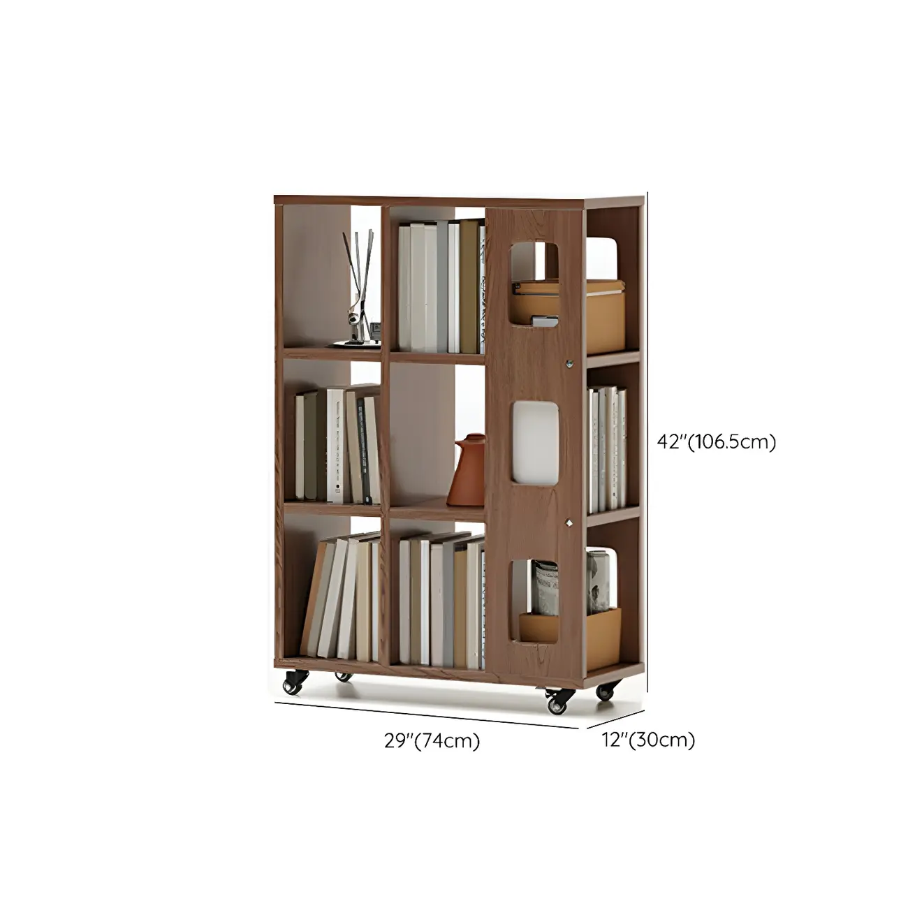 Mid-Century Nut-Brown Wood 5-Tier Bookcase on Wheels