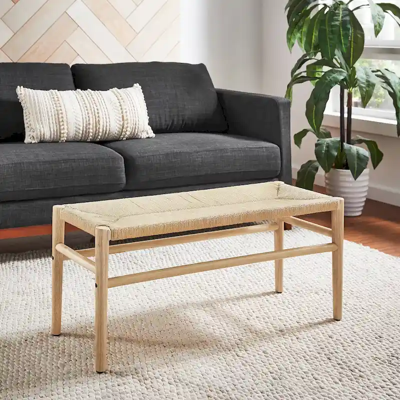 Natural Wood Bench with Woven Rope Seat - 2 Person
