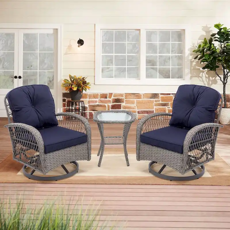 3 Pieces Outdoor Swivel Rocker Patio Chairs, 360 Degree Rocking Patio Conversation Set with Thickened Cushions and Coffee Table
