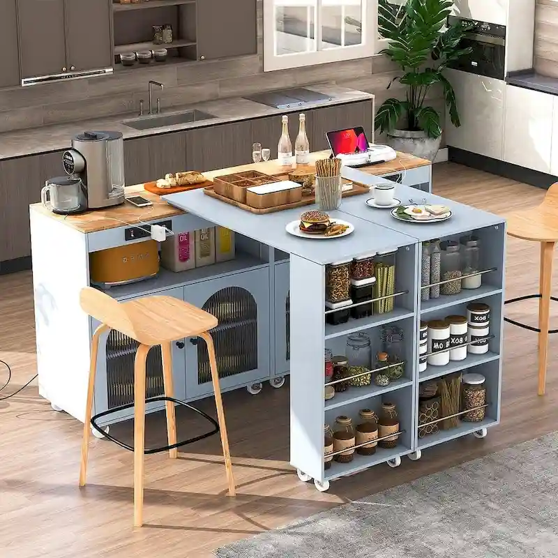 Kitchen Island Cart with Extended Table and Power Outlets