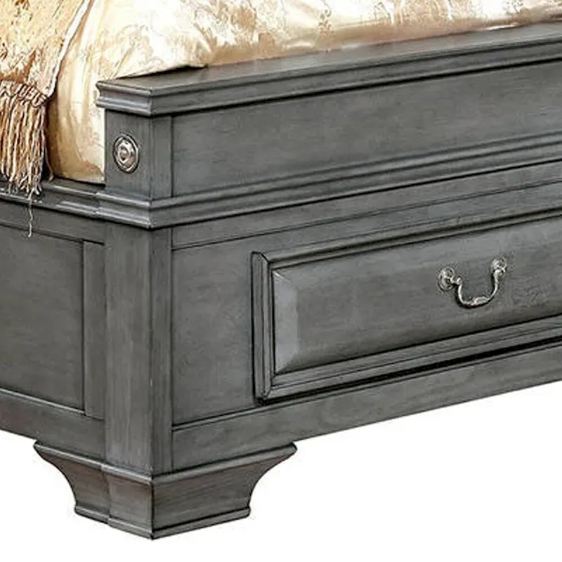 Transitional California King Wooden Bed with Multiple Bottom Drawers, Gray