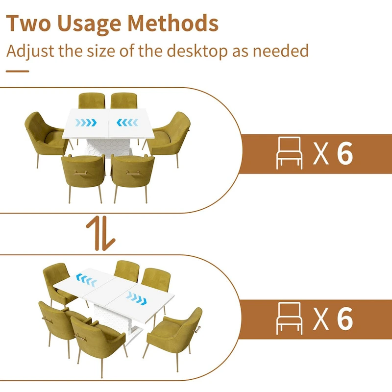 7-Piece Clihome High-gloss Extendable Table Velvet Chair Dining Set