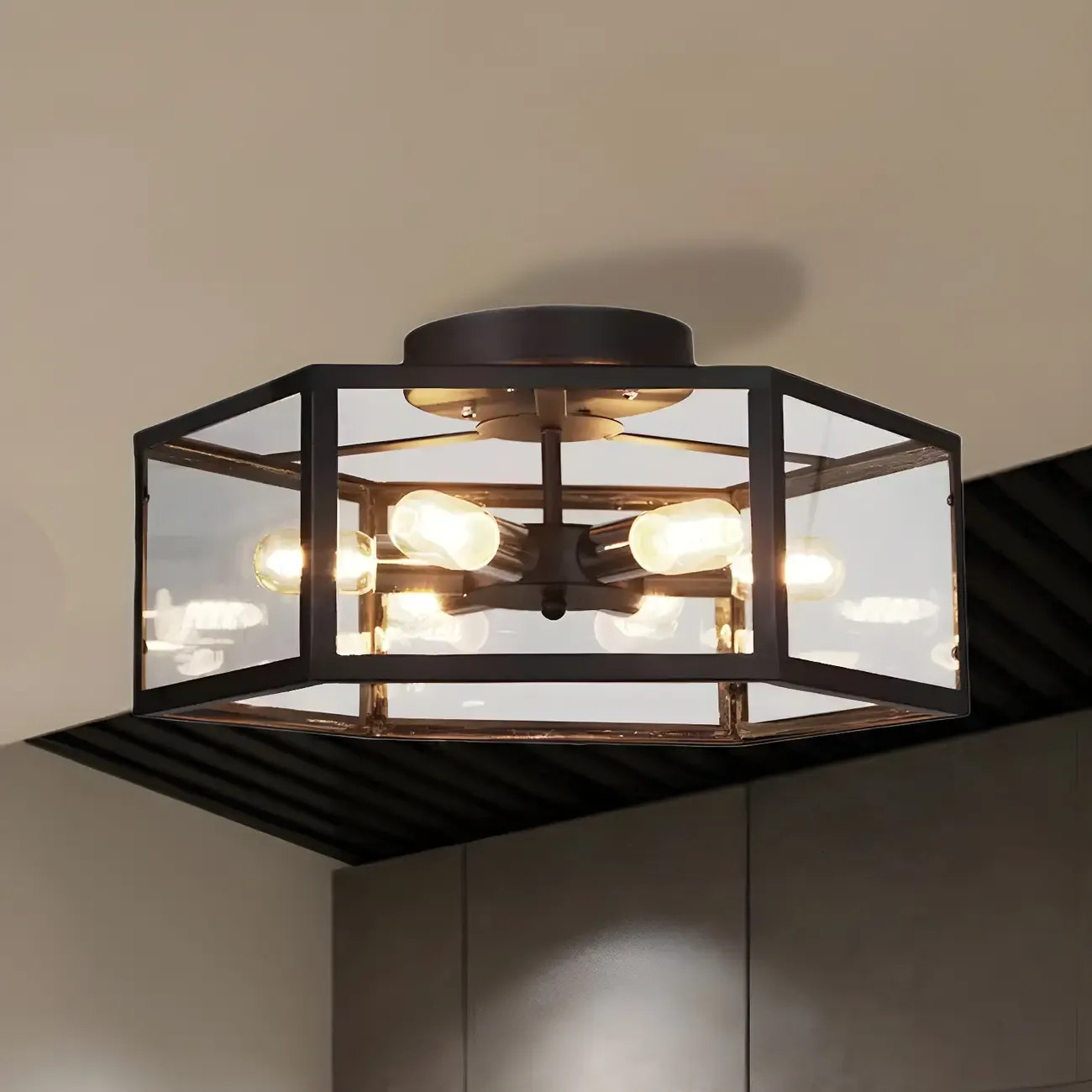 Industrial Black Hexagon Metal Semi Flush Ceiling Light