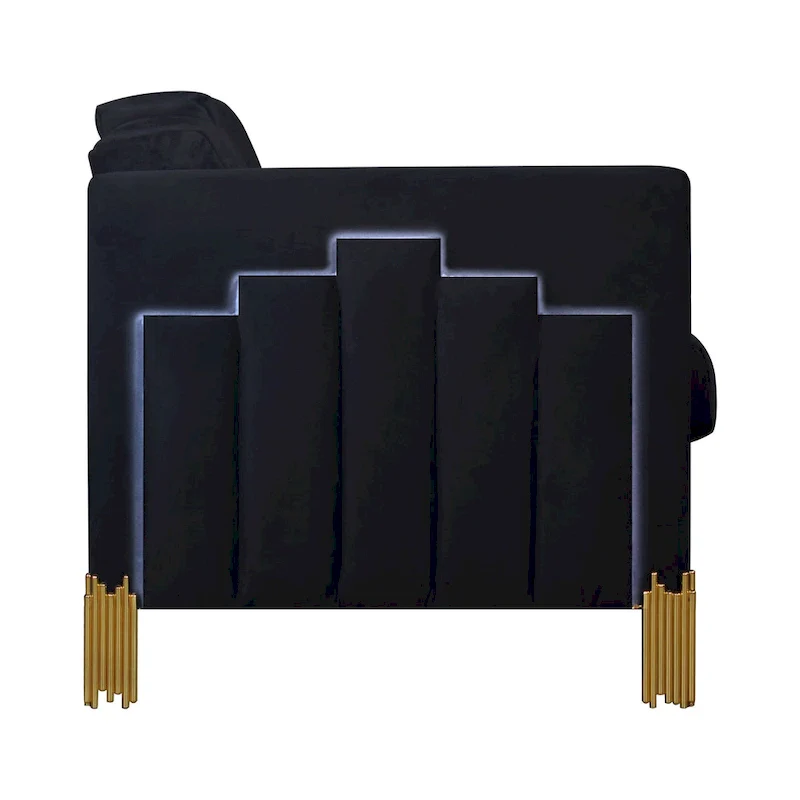 Theo Sofa, Black Velvet, Blue LED Lights, Gold Metal Legs, 83 Inch