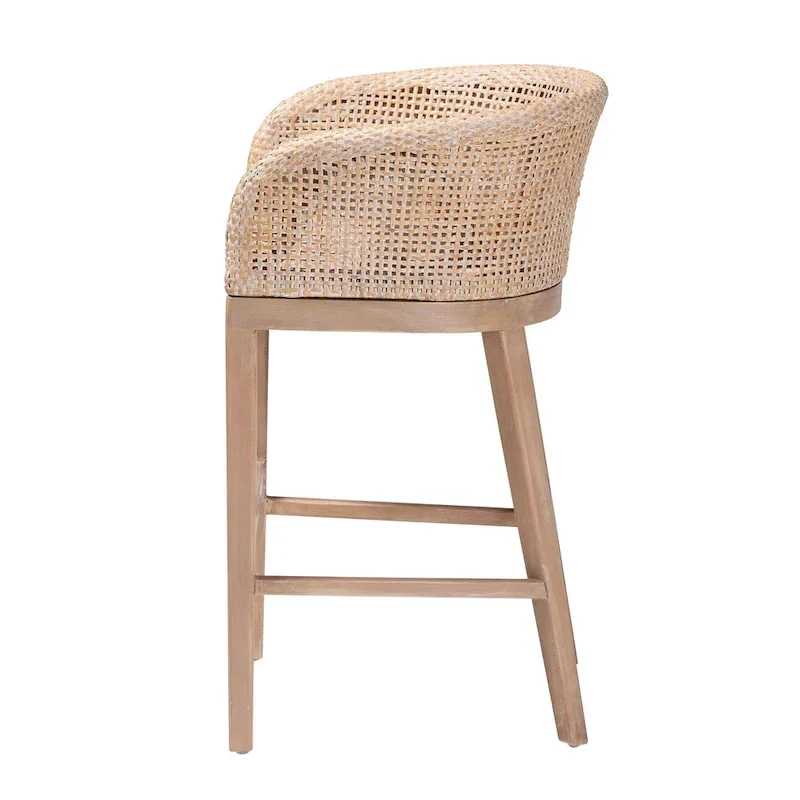 Papua Modern Bohemian Natural Rattan and Acacia Wood Counter Stool