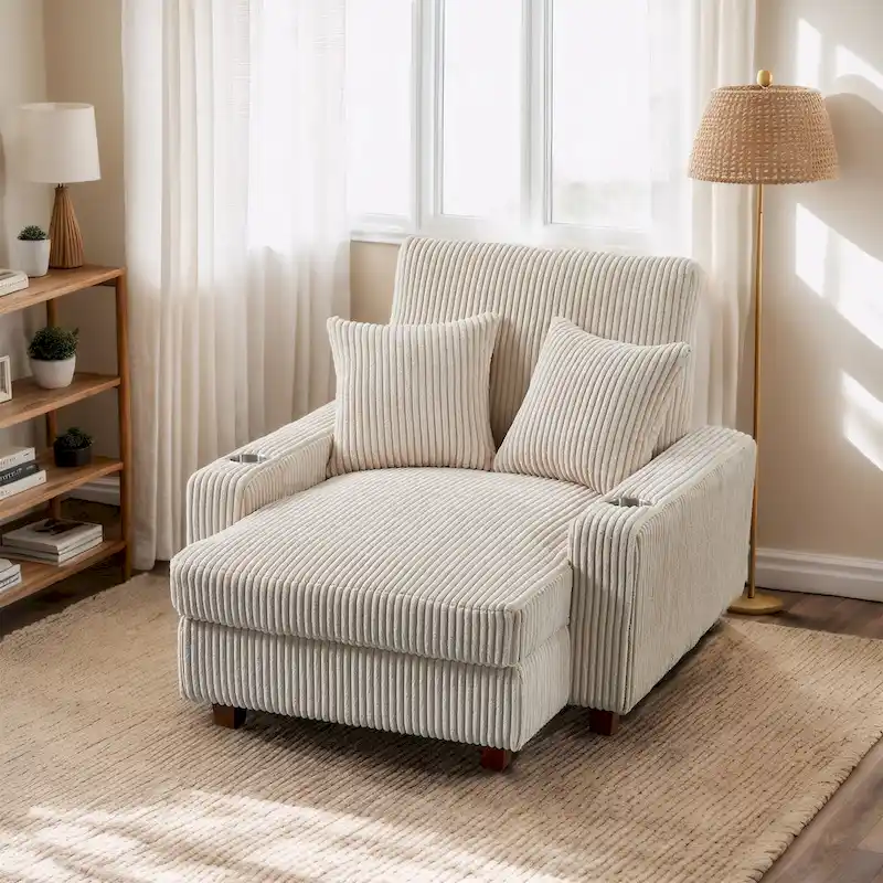 Grey/Beige Upholstered Chaise Lounge Loveseat with Adjustable Backrest, Seats 2