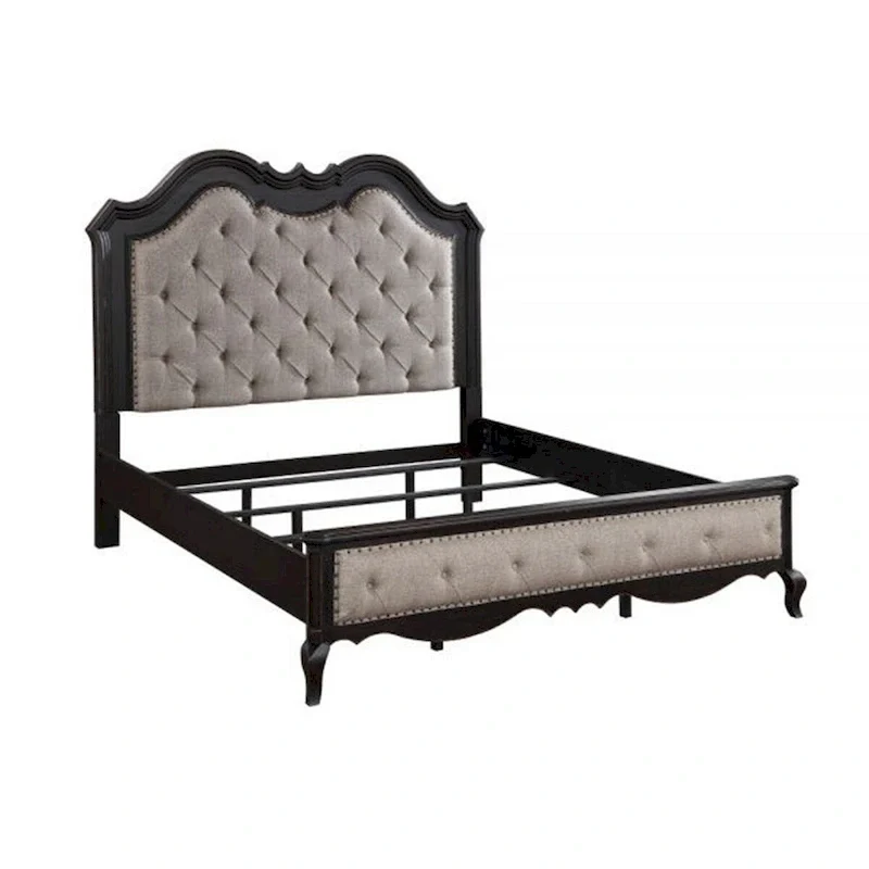 King Size Bed with Button Tufted Headboard Beige Upholstery Black Frame