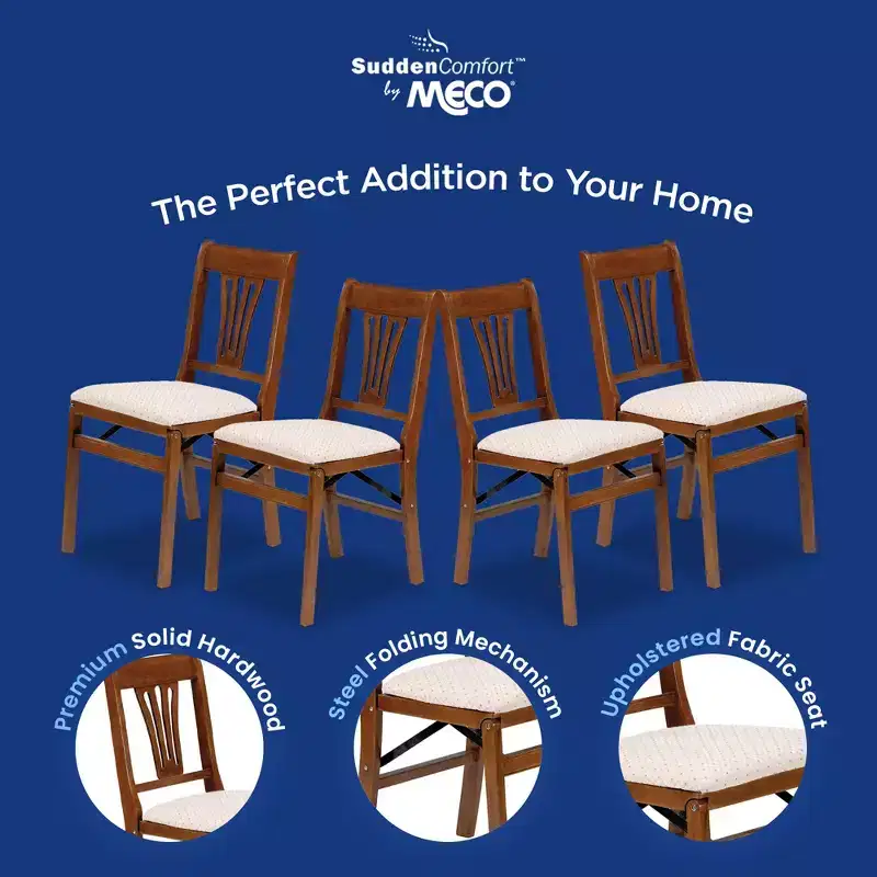MECO Stakmore Urn Premium Solid Wood Dining Table Folding Chair Set with Fabric Padded Upholstered Seat, 4 Pack, Fruitwood/Blush