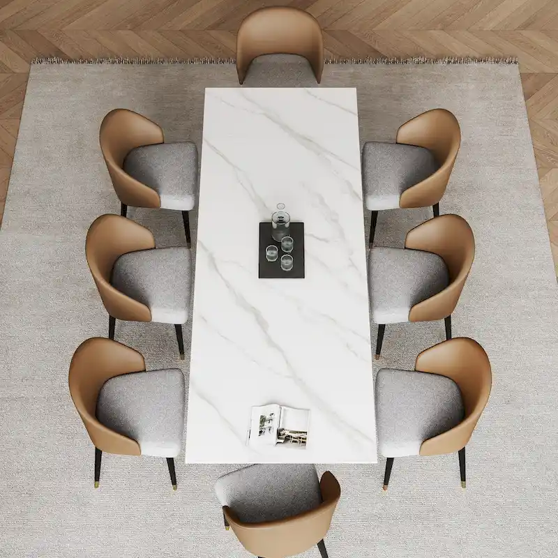 9 - Piece 94.48  Rectangular Extendable Sintered Stone Dining Table with 8 Faux leather Chairs Dining Set